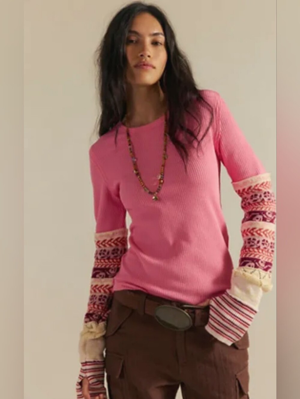 WE THE FREE All In Cuff Long Sleeve Thermal Tee Patterned Sleeves Blush Combo